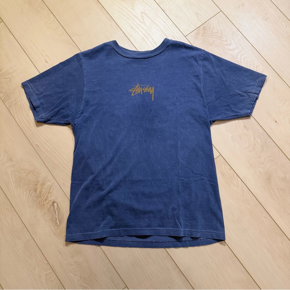 stussy washed blue short sleeve tee with gold logo 100% cotton